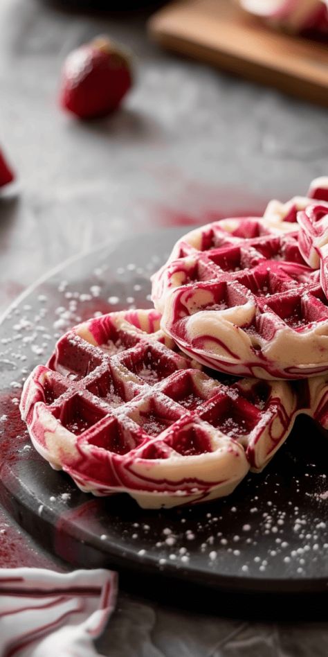 Cranberry Orange Waffles, Pancakes Toppings Ideas, Cake Batter Waffles, Red Pancakes, Breakfast Cart, Classic Waffle Recipe, Christmas Waffles, Christmas Pancakes, Red Velvet Pancakes