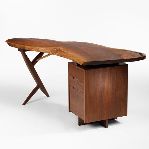 GEORGE NAKASHIMA, Cross-Legged desk | Wright20.com George Nakashima Furniture, Tool Wall Storage, Nakashima Furniture, Worm Hole, Trunk Furniture, Craftsman Furniture, George Nakashima, Cross Legged, Japanese Woodworking