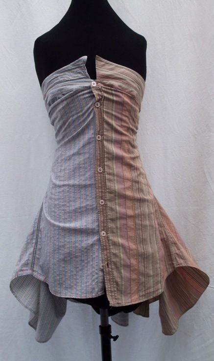 cutest idea.  button two men's shirts together & tie the sleeves in the back.  so creative and good if in a pinch for a new dress. Sewing Shirts, Diy Vetement, Kleidung Diy, Ropa Diy, Upcycled Fashion, Diy Dress, Shirt Skirt, Mode Inspiration, Sewing Clothes