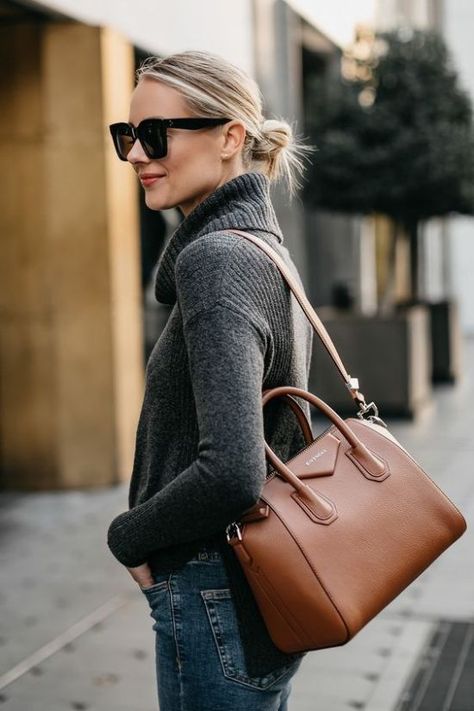 The 5 Handbags That Will Complete Your Outfit No Matter What. #fashion #womensfashion #streetstyle #ootd #style Cognac Handbag, Givenchy Handbags, Givenchy Antigona, Blogger Street Style, Grey Turtleneck Sweater, Givenchy Bag, Blonde Woman, Brown Purse, Fashion Jackson