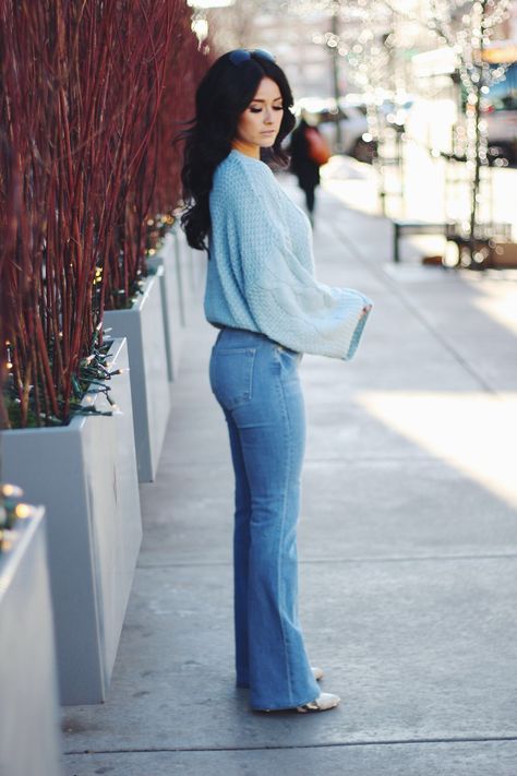 Bell Sleeves and Bell Bottoms Fall Bell Bottom Jeans Outfit, Bell Sleeve Sweater Outfit, Bell Sleeve Top Outfit, Bell Bottom Outfits, Tailored Pants Outfit, Blue Sweater Outfit, Sweater And Jeans Outfit, Bell Bottoms Outfit, Bell Bottom Jeans Outfit