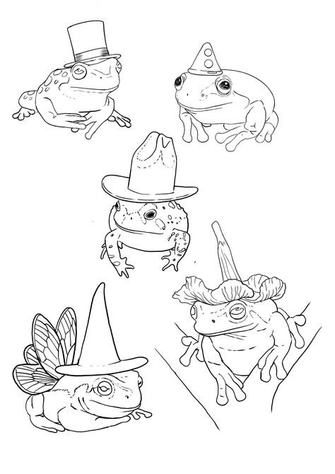 Frogs with hats Frogs With Hats Tattoo, Mini Frog Tattoo Simple, Dumpy Frog Tattoo, Frog In Hat Drawing, Standing Frog Tattoo, Frog In Cowboy Boots, Frog With Flower Hat Tattoo, Party Frog Tattoo, Frog With Hat Tattoo