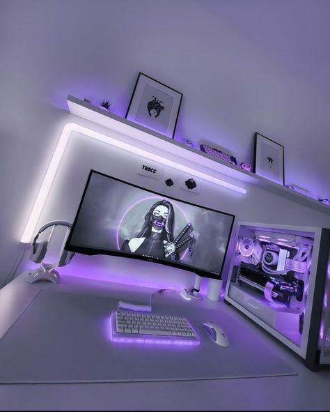 Gaming Room, Gaming Setup, Computer Desk, Keyboard, Gaming, Computer, Desk, Purple