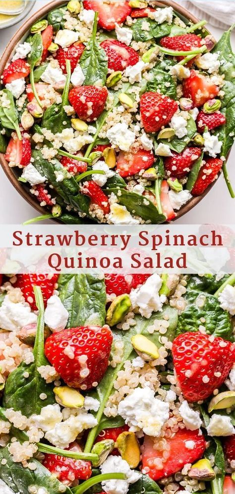 This Strawberry Spinach Quinoa Salad is a delicious and healthy salad to make this spring and summer! Loaded with quinoa, goat cheese, strawberries, spinach and pistachios, then tossed in a lemon vinaigrette. #salad #spinachsalad #strawberries #quinoasalad #sidedish #spring #summer #vegetarianrecipes #healthyrecipes #dinner #glutenfree Spinach Quinoa Salad, Taco Salat, Salad Quinoa, Quinoa Spinach, Quinoa Salat, Strawberry Spinach, Lemon Vinaigrette, Noodle Salad, Healthy Salad