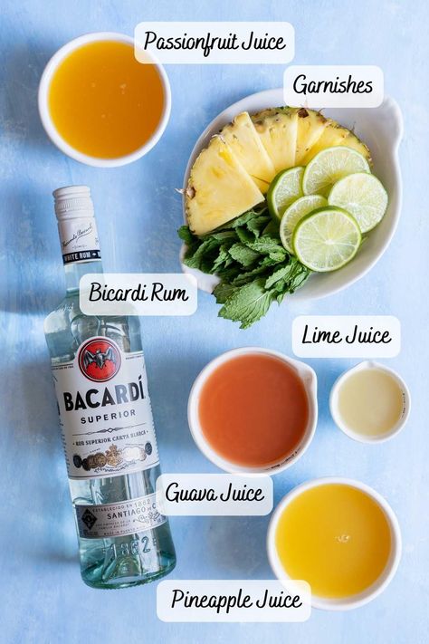 The best of all rum drinks. This summer cocktail is a Bacardi rum punch featuring tropical fruit juice. Make a single cocktail or fill your punch bowl and make a big batch cocktail for your next party. Bacardi Rum Drinks, Drinks With Bacardi Rum, Party Cocktails Big Batch, Easy Rum Cocktails, Bachelorette Drinks, Bacardi Cocktails, White Rum Cocktails, Summer Rum Cocktails, Rum Cocktails Easy