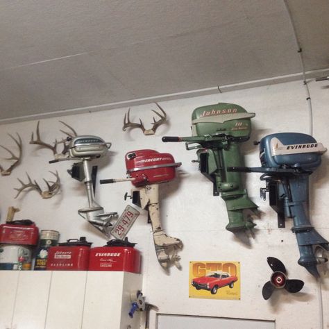 My collection of old outboard motors Grilling Art, Hunting Cabin Decor, Boat Bar, Outboard Boat Motors, Car Insurance Tips, Classic Wooden Boats, Outboard Boats, Car Part Furniture, Game Room Basement