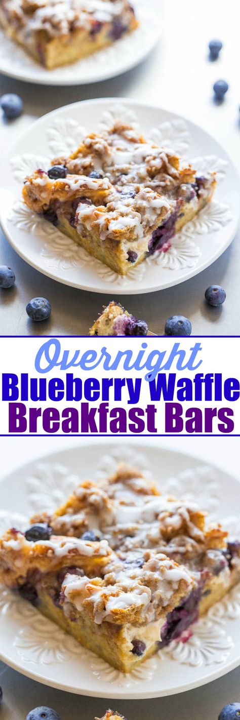 Overnight Blueberry Waffle Breakfast Bars Breakfast Ideas For A Group, Blueberry Waffle, Waffle Breakfast, Brunch Foods, Blueberry Waffles, Averie Cooks, Frozen Waffles, Waffle Bar, Amazing Breakfast