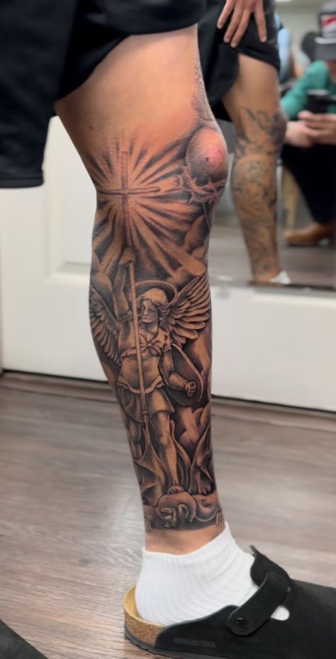 Angels Leg Tattoo, Knight Leg Tattoo, Jamarr Chase Tattoos, Arm Sleeve Men Tattoo, Cool Calf Tattoos For Men, Love God Tattoo, Patchwork Leg Sleeve Men, Men Leg Tattoo Ideas Sleeve, Leg Tattoo Cover Up