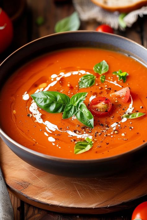 Enjoy a creamy, hearty tomato soup recipe, an easy and quick homemade from scratch meal. Ideal for any diet, it combines the best of pantry essentials, canned and fresh tomatoes, with a hint of basil. Healthy and simple, it's suitable for any cookware method, including Crock Pot, instant pot, slow cooker, or stove top. Check out this tomato soup recipe and more soup recipes at simplycalledfood.com. Tomato Soup Photography, Soup Pictures, Soup Photos, Soup Food Photography, Starter Soup, Recipe Tomato Soup, Hearty Tomato Soup, Tomato Soups, Tomato And Basil Soup