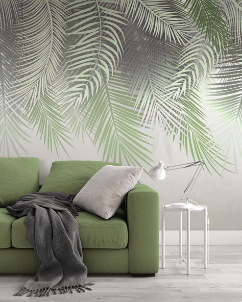 #green #entryway #floral #flowers #plants #colorful #wallpaper #leaf #leaves Big Leaves Wallpaper, Wallpaper For Spa Room, Wallpaper For Dining Room Accent Walls, Leaves Wallpaper Aesthetic, Wall Paper Interior, Hawaiian Bedroom, Palm Print Wallpaper, Dining Painting, Green Entryway