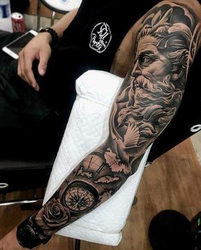 best sleeve tattoo Icarus Tattoo, Greek God Tattoo, Compass Rose Tattoo, Zeus Tattoo, Quarter Sleeve Tattoos, Tattoo Placements, Rose Tattoo Sleeve, Men Tattoos Arm Sleeve, God Tattoos