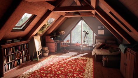 Beautiful Attic Spaces, Loft Corner Ideas, Attic School Room, Attic Snug, Attic Study Room, Aesthetic Book Nook, Attic Den, Adult Room Ideas Bedrooms, Attic Room Design