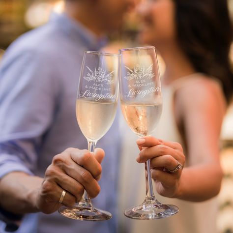 "ETCHED AND PERSONALIZED CHAMPAGNE FLUTES One personalized etched glass for newlyweds or as a wedding established gift for couples. Each champagne glass is laser etched for an elegant and permanent look that is dishwasher safe. Perfect for toasting glasses and wedding gifts. Husband and wife both will adore these glasses long after the big day. Prosecco or Champagne, who cares?! Bubbles make everything better. 🤩 CUSTOM DESIGN 🤩 Want to add anything extra, change the font or have a completely c Mr And Mrs Champagne Glasses, Engagement Cricut, Wedding Utensils, Customized Wedding Gifts, Gifts Husband, Glasses Design, Bride And Groom Glasses, Wedding Champagne Glasses, Personalized Champagne Flutes