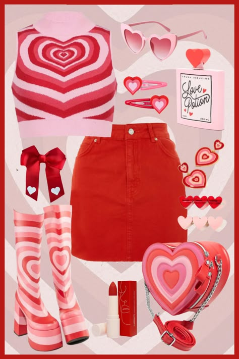 Lovecore Outfit Inspiration #outfits #outfitstyle #fashion #lookbook #aesthetic Colorful Outfits With Jeans, Pink 70s Fashion, Cute Heart Outfits, Lovecore Fashion Aesthetic, Punk Valentines Day Outfit, Heart Clothes Aesthetic, Love Core Fashion, Circus Inspired Outfit Casual, Romantic Core Outfit