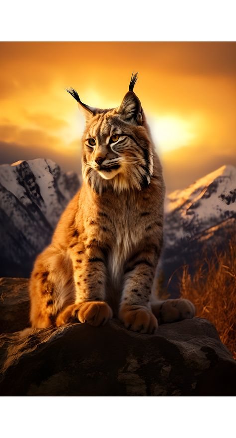 Lynx nature art by ArtfulPlay. This beautiful wild cat that could be a bobcat or Iberian lynx, is sitting regaly in the snowcapped mountains with golden sunset in the background. This big cat is available on posters, shirts, phone cases and more in ArtfulPlays Red Bubble shop. Bobcat Art, Lynx Tattoo, Bobcat Pictures, Snowcapped Mountains, Lynx Cat, Iberian Lynx, Bob Cat, Gorillas Art, Realism Tattoos