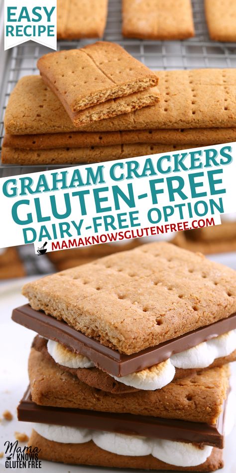 Gluten free graham crackers on a baking sheet and s’mores on a white plate. Mama Knows Gluten Free, Gluten Free Dairy Free Dessert, Graham Cracker Recipes, Gluten Free Graham Crackers, Gluten Free Crackers, Homemade Graham Crackers, Pan Sin Gluten, Gluten Free Cookie Recipes, Gluten Free Bakery