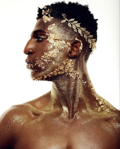 Gold Aesthetic Male, Black Man Gold Aesthetic, Sun Costume Man, Black And Gold Male Outfits, Black Male Makeup, Apollo Makeup, Greek God Makeup, Male Faerie, Gold Leaf Makeup