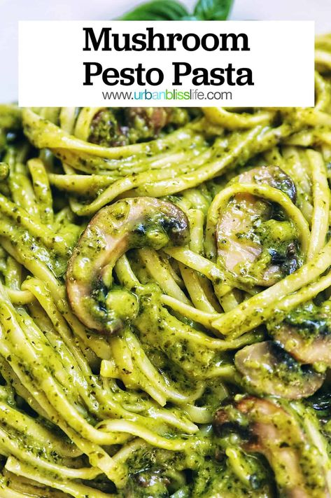 This Mushroom Pesto Pasta is a delicious vegan pasta that you can cook in less than 30 minutes. Get the easy pasta recipe at UrbanBlissLife.com. Essen, Vegan Pesto Pasta Recipes, Pesto And Mushroom Pasta, Pesto Pasta With Mushrooms, Vegan Creamy Pesto Pasta, Best Pesto Pasta Recipe, Pesto Dinners, Pesto Mushroom Pasta, Pasta Pesto Recipes