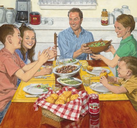 Family dinnertime illustrated by Charles Pyle. The importance of eating together cannot be understated. Not only is it an opportunity to de-stress and catch up with our loved ones, but family dinners also build relationships and help kids do better in school too. #painting #dinnertime #familydinner Eating Together, Nature Projects, Family Lunch, Scene Drawing, Build Relationships, Family Drawing, Family Painting, Family Eating, Family Poster