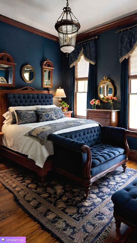 Moody Rug Bedroom, Classic House Design Interior Bedroom, Calm Master Room, Primary Bedroom Bay Window, Dark Blue Victorian Bedroom, Dark Blue Romantic Bedroom, Bedroom Ideas Victorian House, Dark Blue And Wood Bedroom, Dark French Bedroom