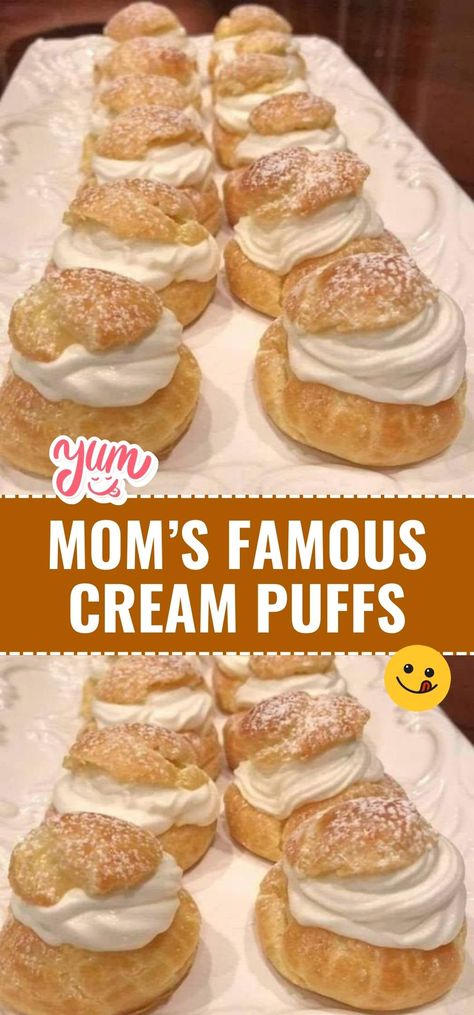 Indulge in the nostalgia of Mom's Famous Cream Puffs. Light and airy pastries filled with luscious cream, they're a delightful treat that brings back sweet memories. #CreamPuffs #HomemadeBaking #ClassicSweets Cream Puffs Recipe Easy, Cream Puff Dessert, Homemade Cream Puffs, Cream Puffs Easy, Cream Puff Filling, Cream Puff Cakes, Sweet Custard, Creme Puff, Grandma's Recipes