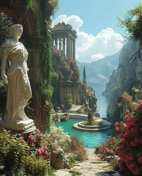 Greek Mythology House, Greek Mythology Places, Greek Mythology Architecture, Blender Diorama, Elf Vibe, Fictional Places, Fantasy Core, Art Genres, Greek Architecture