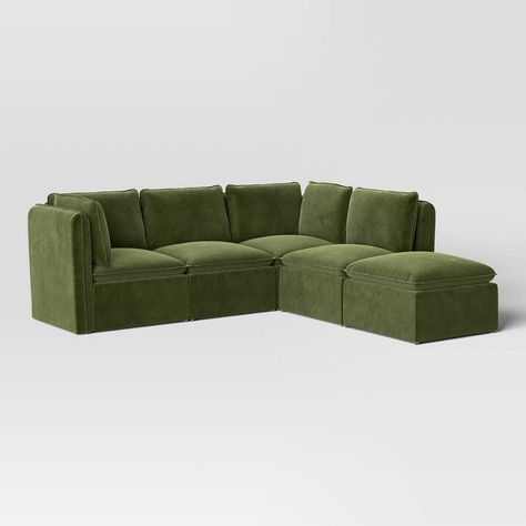 This 5-Piece Haven French Seam Modular Sectional from Threshold™ is just what you need to put together a cozy space for relaxing with family or hosting friends. The modular sectional pieces pair well with virtually any decor aesthetic. You get two armless sectional pieces, two corner sectional pieces and an ottoman, and the pieces are easy to arrange together with no tools needed. Threshold™: Looks like home, feels like you. Floor Sectional Sofa, Green Velvet Sectional Sofa, Leather Couch With Ottoman, Green Sectional Couch, Small Corner Sectional, Small Living Room With Sectional, Comfy Sectional Sofa, Green Sectional Sofa, Green Chaise