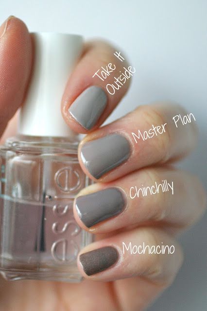 Essie Greige Comparison : Chinchilly, Take It Outside, Master Plan & Mochacino | Essie Envy Essie Fiji, Essie Nails, Grey Nail Polish, Nails Health, Polished Nails, Gray Nails, Essie Nail Polish, Colorful Nail Designs, Essie Nail