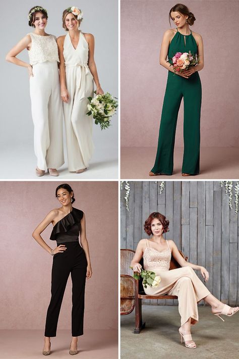 Top Bridal Style Trends for 2017 / Bridesmaids in Jumpsuits / Trousers / www.onefabday.com Bridesmaid Trousers, Jumper For Wedding Bridesmaid Dresses, Bridesmaid Trousers Outfit, Alternative Bridesmaid Outfits, Wedding Trousers Brides Pants, Trouser Suit Bridesmaid, Wedding Trousers Brides, Bridesmaid Pants Outfits, Wedding Pants Outfit