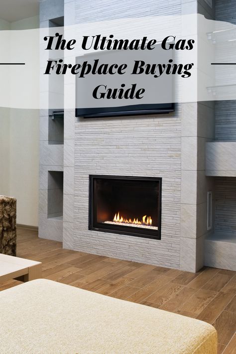 Modern gas fireplace embedded in a stone feature wall with the text "The Ultimate Gas Fireplace Buying Guide" displayed above. Wall Gas Fireplace Ideas, Simple Gas Fireplace Surround, Gas Fireplace With Bookshelves, How To Install A Gas Fireplace, Simple Gas Fireplace Ideas, Fireplace Inserts Gas, Ventless Gas Fireplace Ideas Built Ins, Indoor Gas Fireplace Ideas, Gas Insert Fireplace Ideas