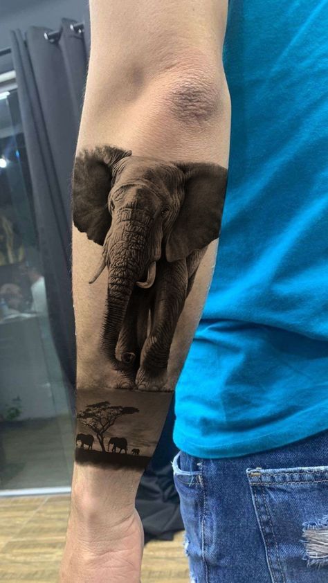 Indian Elephant Tattoo, Realistic Elephant Tattoo, African Sleeve Tattoo, Elephant Thigh Tattoo, Elephant Family Tattoo, Rhino Tattoo, Thigh Tattoo Men, Cute Tattoos On Wrist, Animal Sleeve Tattoo