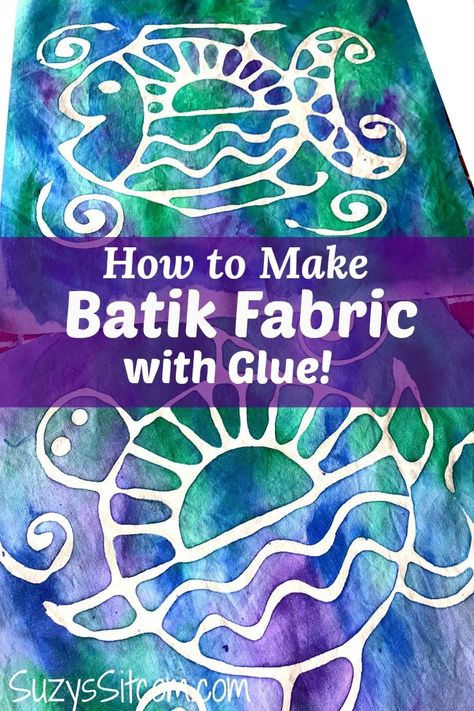 Making your own fabric designs is a lot of fun.  In this tutorial, you will learn how to make batik fabric with washable glue!  This is a great project even for the kids.  Included are two free patterns to get you started!  #batik #crafting #kenarry #ideasforthehome How To Batik Fabric, Glue Resist Painting, Tie Dye Resist Techniques, How To Make Batik Fabric, Batik Fabric Design, Batik Fabric Projects, Easy Batik Design, Fabric Painting For Kids, Fabric Paint Crafts