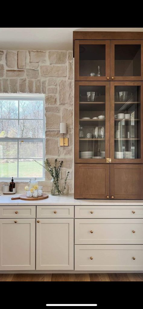 Sazan Hendrix Kitchen, Cabinet Towers In Kitchen, Neutral Cottage Kitchen, Tower Cabinets In Kitchen, Kitchen Cabinet Placement, Countertop Cabinets Kitchen, Hutch Hardware, No Upper Cabinets Kitchen, Walnut Cabinets Kitchen