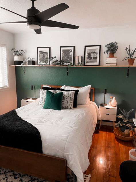 Bedroom Back Wall Decor Ideas, Bedroom 2 Color Walls, Bedroom Ideas Greenery, Hanging Shelf Living Room, Bedroom Feature Wall With Shelf, Bedroom Hanging Shelves, Bedroom Shelf Wall, Shelf Behind Bed Decor, Wall To Wall Shelf Above Bed