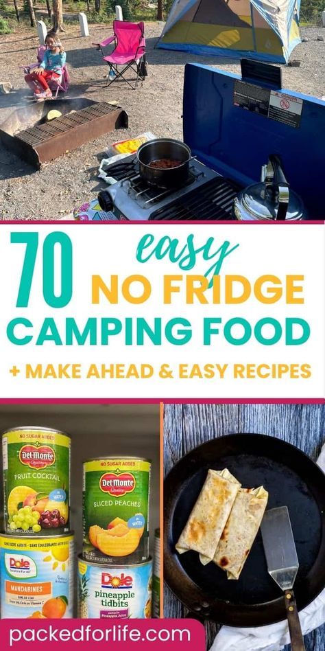 No cooler, no cooking camp meals! Also great for Road trip meals. Everything you need to eat well without a cooler or camp kitchen. Plus make ahead and easy camping recipes too. Canned foods for camping. Road trip food to pack. Foods For Camping, Road Trip Meals, Best Camping Food, Meals No Refrigeration, Easy Camping Recipes, Camp Meals, Camping Food Make Ahead, Camping Meal Planning, Camping Menu