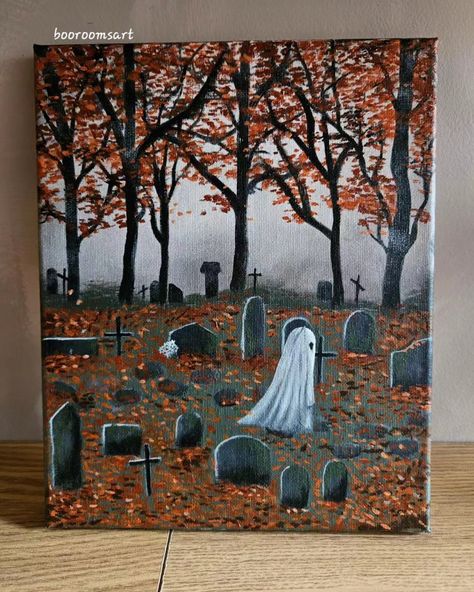 Ghost in graveyard Halloween Canvas Paintings, Halloween Canvas Art, Fall Canvas Painting, Canvas For Beginners, Halloween Artwork, Desen Anime, Canvas Painting Designs, Halloween Painting, Halloween Drawings