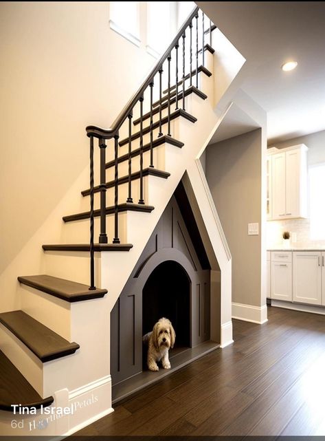 Dog Area Inside House, How To Build A Dog House Under Stairs, Modern Pet Room, Dog Space In House, Built In Dog House Under Stairs, Custom Dog Room, Under The Stairs Pet Area, Dog Room In Closet, Understairs Dog Room