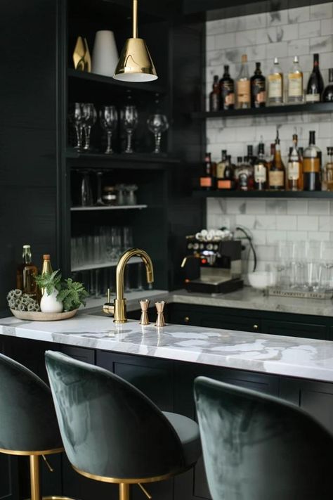 5 Essential Tips for a Modern Home Bar Makeover Dark And Moody Home Bar, Black And White Home Bar, Home Dry Bar Ideas, Moody Bar Design, Dark Bar Aesthetic, Black Home Bar, Contemporary Home Bar Designs, In Home Bar, Dry Bar Ideas