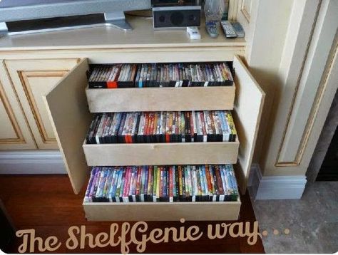 Dvd Storage Solutions, Dvd Storage Ideas, Organize Dvds, Dvd Storage Cabinet, Movie Storage, Diy Dvd Storage, Diy Dvd, Dvd Storage Shelves, Dvd Shelves