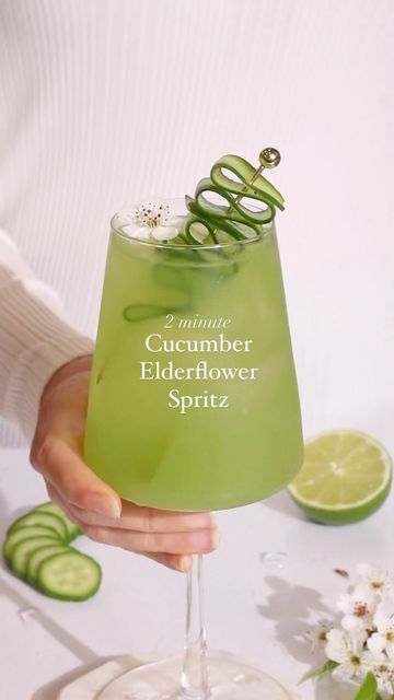 Mocktail Recipes | Natalie Battaglia on Instagram: "Cucumber Elderflower Spritz Mocktail 🥒 I adore a cucumber/elderflower combo - the crisp fresh taste of cucumber combined with the sweet floral of elderflower is always a winner. ✨Don’t forget to save this recipe✨ This recipe can also be made as a punch in a pitcher ✨🥒 Ingredients ▫️2oz cucumber juice, store bought or homemade* ▫️1/2-1oz elderflower cordial or syrup ▫️1oz lime juice ▫️1/2 cup dry sparkling wine or soda Add all ingredients to a wine glass and stir gently. Garnish with an optional cucumber ribbon and edible flower. *To make the cucumber juice: blend 2 inches cucumber and 2 tablespoons water in a small blender and strain. Cheers and enjoy! #boozefree #nationalsoberday #mocktails #nonalcoholicdrinks #alcoholfree #al Cucumber Elderflower Spritz, Cucumber Elderflower Cocktail, Mocktail By The Pitcher, Herb Infused Mocktails, Cucumber Mint Mocktail, Elderflower Mocktail Recipe, Flower Mocktails, Cucumber Mocktail Recipe, Pitcher Mocktail Recipe