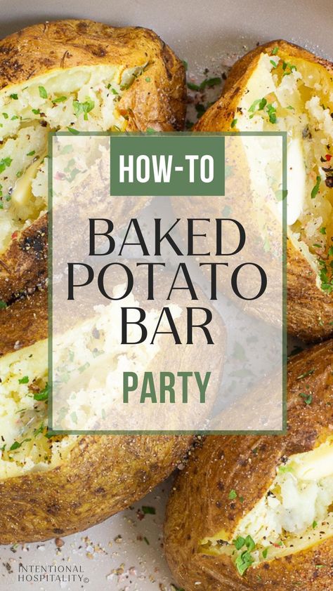 Feeding a crowd an easy and delicious meal will be a snap with this baked potato bar how-to and tips for what to serve with a baked potato bar. How To Make Baked Potatoes For A Crowd, Baked Potato Buffet, Bake Potatoes Topping Ideas, Hot Potato Bar Ideas, Baked Potato Bar Party Ideas, Bbq Table Set Up, Baked Potato Party Bar, Baked Potato Bar Ideas For A Crowd, Christmas Baked Potato Bar