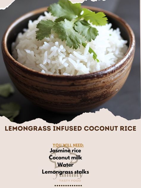 🍚🌿 Experience the fragrant flavors of our Lemongrass Infused Coconut Rice! A simple and delicious side! 🥥✨ #RiceLovers Lemongrass Infused Coconut Rice Ingredients: Jasmine rice (1 cup) Coconut milk (1 cup) Water (1 cup) Lemongrass stalks, bruised (2) Salt (1/4 tsp) Fresh cilantro (for garnish) Instructions: Rinse rice and combine with coconut milk, water, lemongrass, and salt in a pot. Bring to a boil, then simmer until rice is cooked and liquid is absorbed. Remove lemongrass stalks and f... Lemongrass Rice, Thai Coconut Rice, Lemongrass Recipes, Rice Ingredients, Coconut Rice, Jasmine Rice, Fresh Cilantro, Yummy Sides, Christmas 2024