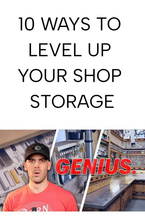 10 ways to level up your shop storage; reaction of a surprised man with a well-organized workshop. Dremel Storage Ideas, Work Shop Organization Ideas Diy, Wood Shop Organization, Organizing Workshop, Mechanics Shop Organization, Shop Organization Ideas, Shop Layout Ideas, Woodworking Workshop Layout, Woodworking Hacks