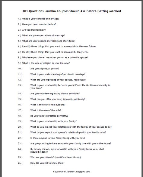 Live.. Learn.. Laugh: 101 Questions for Muslim couples to ask before marriage Pre Marital Questions, Before Marriage Questions, Questions Before Marriage, Marriage Questions, Marriage Islam, Islamic Marriage, Islamic Question, Questions To Ask Before Marriage, Premarital Questions