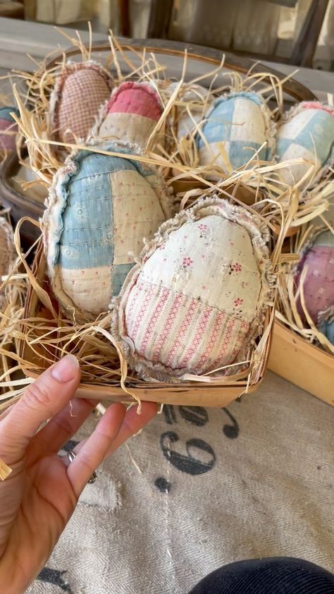 I couldn’t help myself- I had to make some more eggs 💕💕. Handmade from antique quilts and grain sack and sold nestled in a vintage berry… | Instagram Stuff Made From Old Quilts, Stuffed Easter Eggs, The Halsey Homestead, Repurpose Quilts Ideas, Quilted Easter Eggs, Vintage Easter Eggs, Quilted Egg, Easter Fabric Crafts, Quilt Crafts