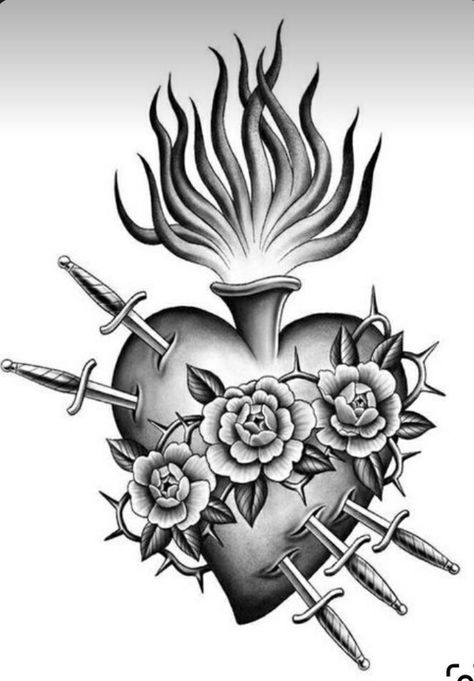 Realistic Sacred Heart Tattoo Design, Heart Dagger Tattoo, Sacred Heart Tattoo, Sacred Heart Art, Sacred Heart Tattoos, Mary Tattoo, Religious Tattoos, Chest Piece Tattoos, Geniale Tattoos