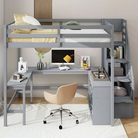 Euroco Wood Full Loft Bed with Desk, Shelf and Storage Staircase for Kids Bedroom, Gray - Walmart.com Wooden Loft Bed, Wooden Loft, Desk Wardrobe, Bed With Wardrobe, Loft Bed With Desk, Loft Bed Frame, Bed With Desk, Twin Size Loft Bed, Bed Desk