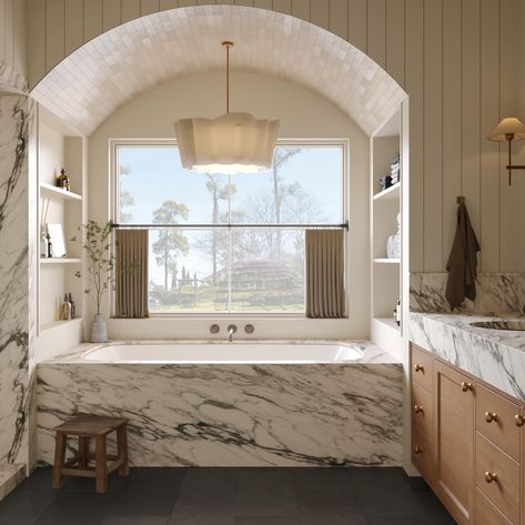 Renderings are an important part of the design process mostly because they give us something to look forward to during the long… | Instagram Bathtub Shower Room, Arched Tub Alcove, Arched Bathtub Alcove, Tub In Shower Area, Bath Under Window, Window In Bathroom, Bathroom Rendering, Turret House, Bathtub Alcove