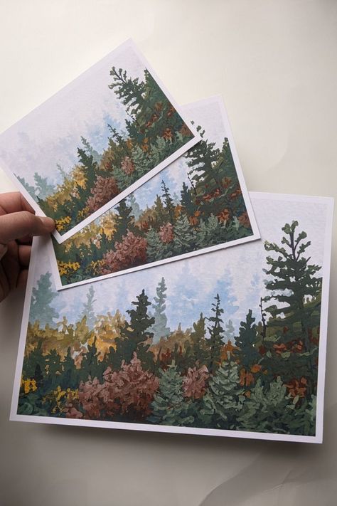 Print of my original gouache study "Misty Fall Trees". The original painting was approximately 3x4" in size and was done on cold-pressed 300gsm watercolor paper. Part of a four-painting series studying fall colors. Reference photo from Pinterest. Prints are available in three sizes: 4×6″ (10x15cm), 5×7″ (13x17cm), or 8x10"(20x25cm). Printed on 170gsm matte photo paper. Gouache Landscape, Fall Trees, Landscape Art Print, Gouache Art, Cottage Art, Z Arts, Color Studies, Diy Canvas Art Painting, Gouache Painting