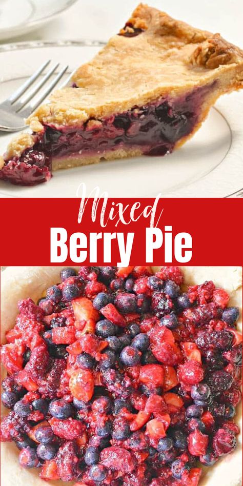 Top photo is a slice of mixed berry and the bottom photo is the mixed berry mixture in an unbaked pie crust. Berry Pie Filling Recipe, Frozen Berry Pie, Mixed Berry Pie Filling, Mixed Berry Pie Recipe, Sour Cream Pie, Berry Pie Filling, Berry Pie Recipe, Fruit Pie Recipe, Mixed Berry Pie